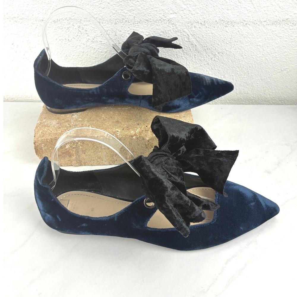 Zara Navy Blue Velvet Pointed Toe Ballet Flats Black Bow Size 40 Coquette Party